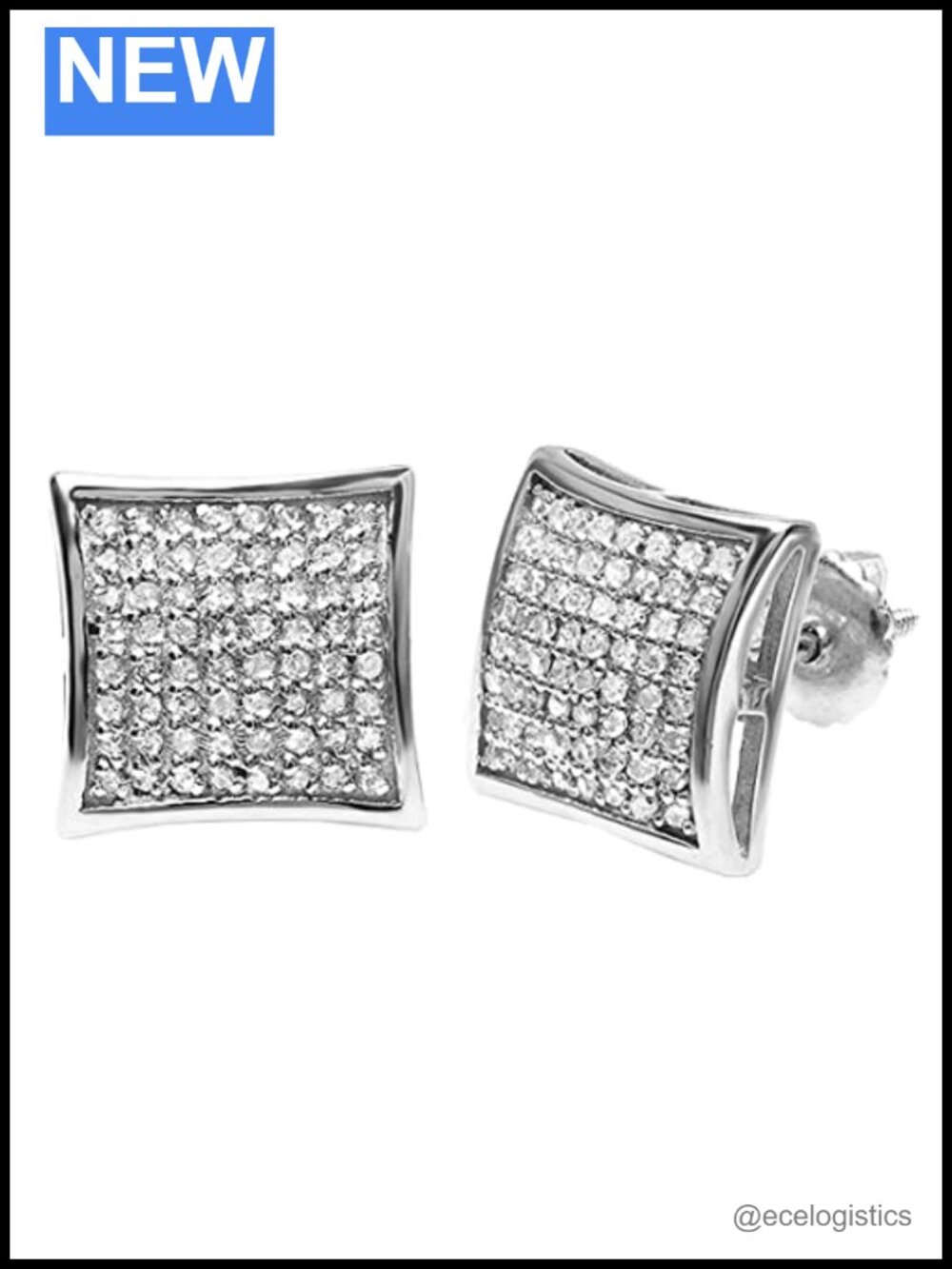 0.75 Ctw Natural White Diamond 11mm Square Hip Hop Studs in 925 Sterling Silver